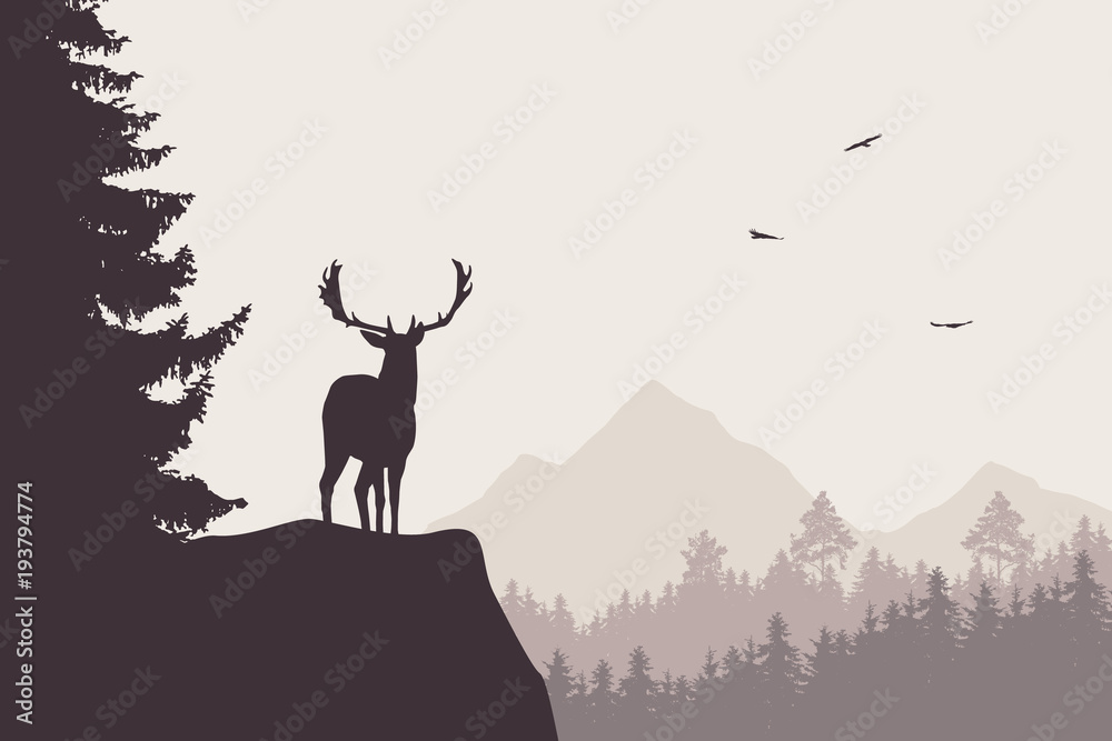 Naklejka Rogacz z jelonkami stoi przy wierzchołkiem skała z górami i lasem w tle z latającymi ptakami ,.