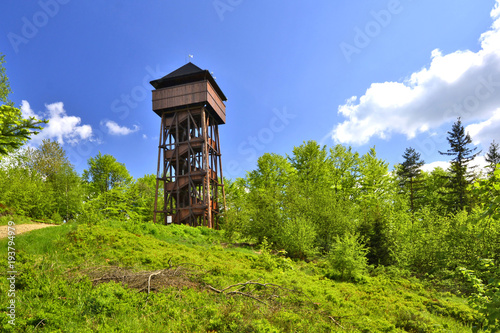 Fototapeta Naklejka Na Ścianę i Meble -  Observation wooden tower on the top of the Koziarz peak in Beskidy mountains, Poland
