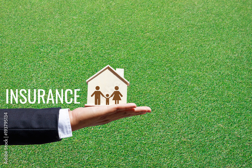 Businessman holding small house on green grass background. Home insurance concept.