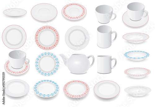 Ceramic tableware set on the white background.Plates,kettle,cups.Ceramic tableware with pattern.Vector illustration.