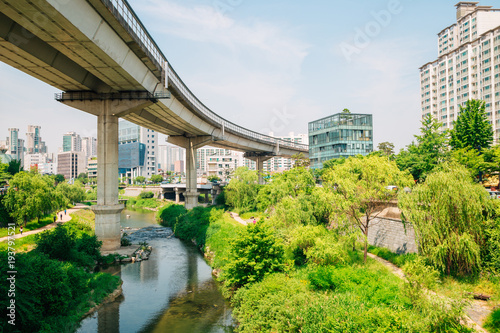 An elevated road and Cheonggye stream in Seoul  Korea