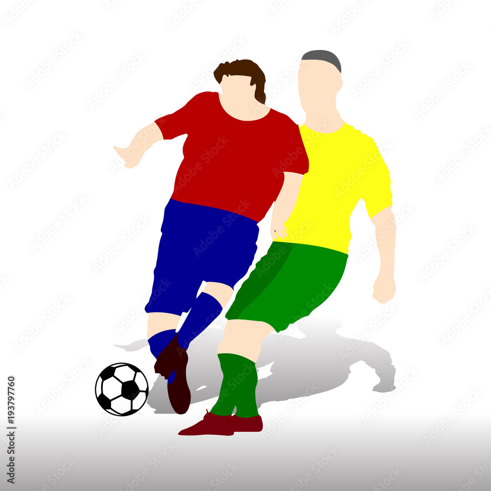 Two soccer players playing ball, in red and yellow T-shirt, silhouette on white background,