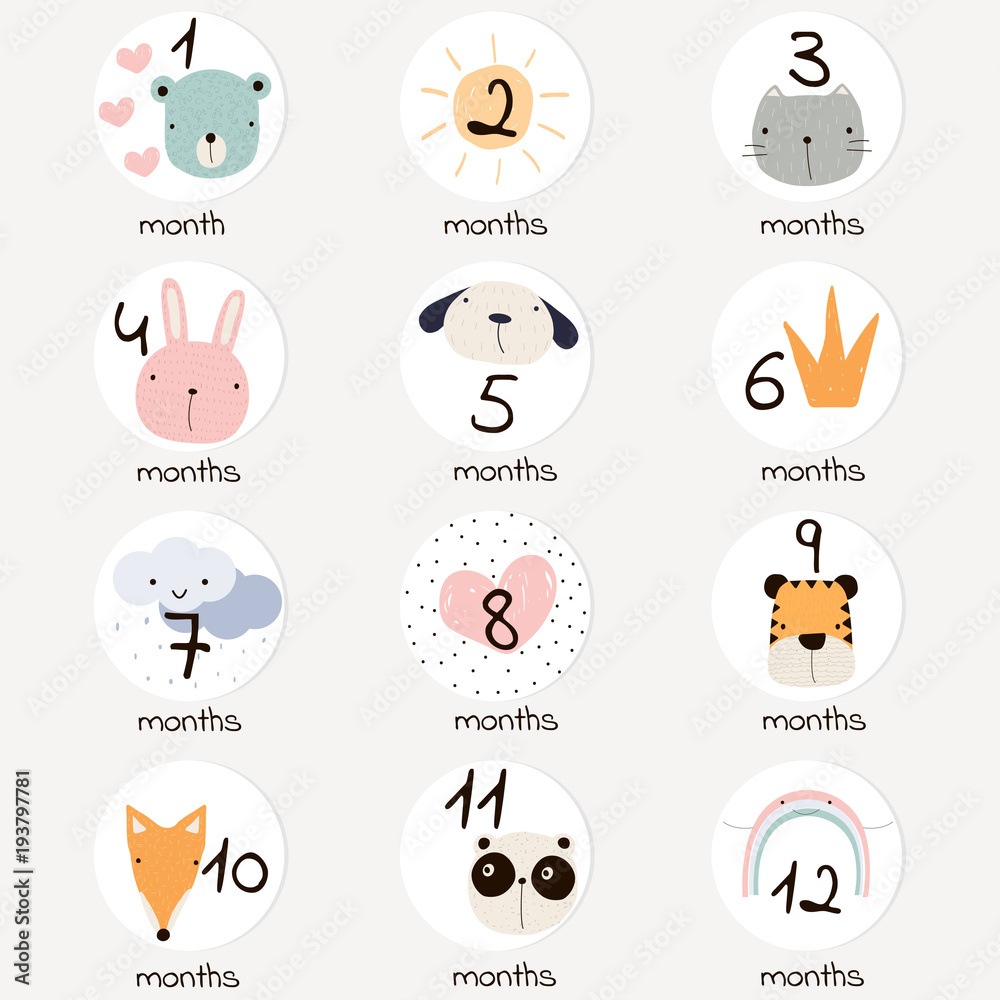 Obraz premium Cute months stickers with doodle animals and other elements. Vector hand drawn illustration.