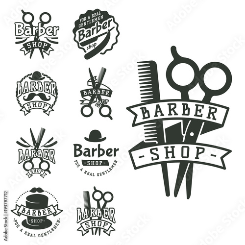 Vintage barber vector logo retro style haircutter typography flourishes calligraphic barbershop icon illustration.