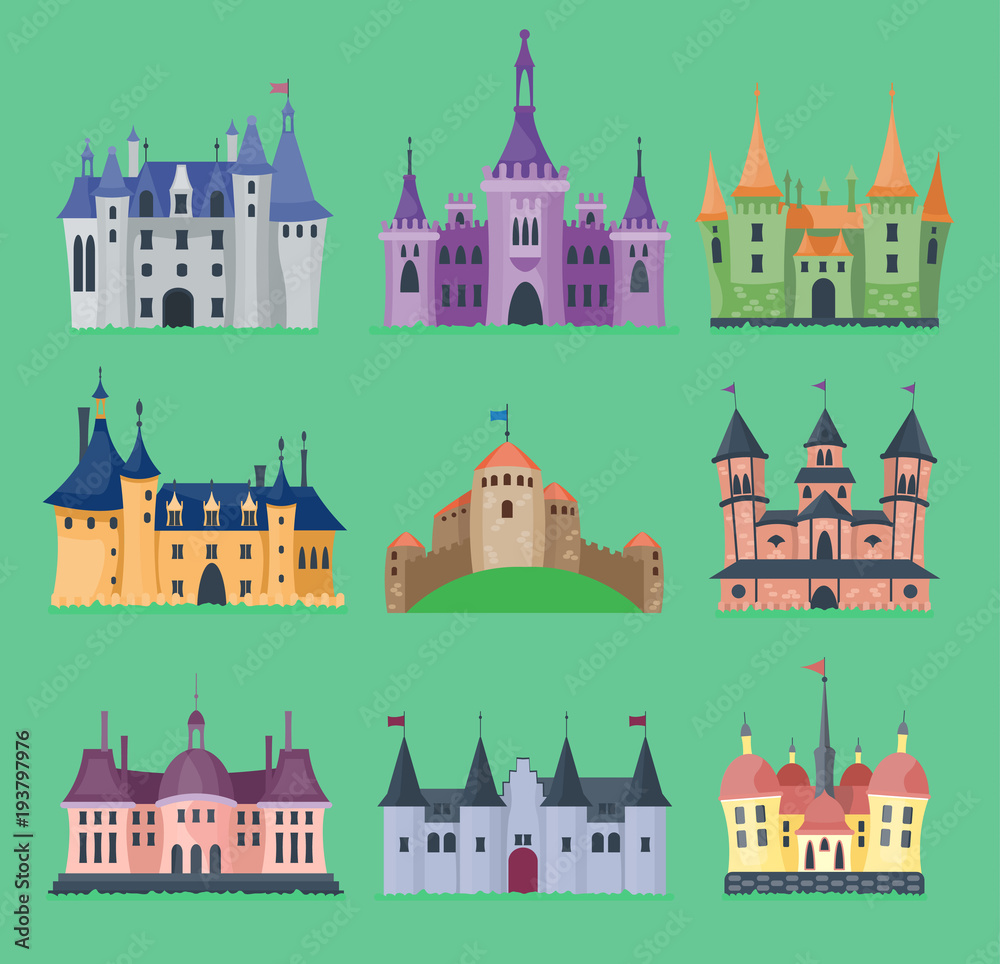 Cartoon fairy tale vector castle key-stone palace tower icon knight medieval architecture castle building illustration. Fantasy old fortress kingdom stronghold royal chess