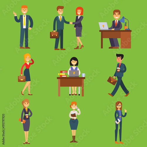 Business people vector characters sitting, meeting, search job candidates cartoon characters office table for job interview, calling by phone businesswoman and businessman illustration
