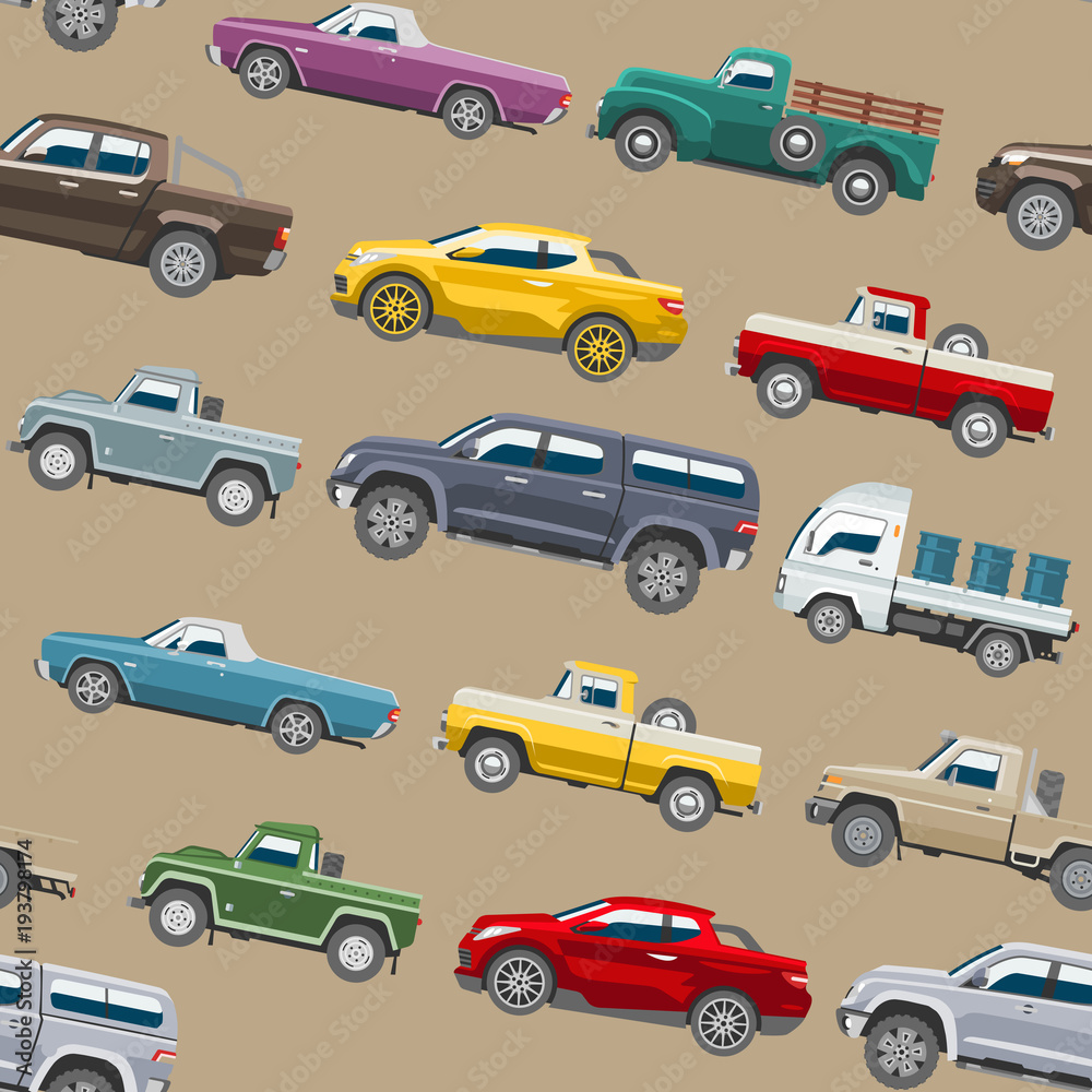 Pickup car vector auto delivery transport pick up offroad automobile vehicle or truck and mockup isolated citycar seamless pattern background