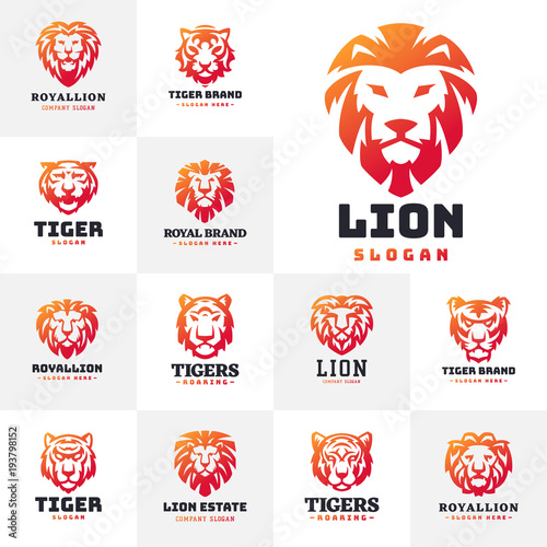 Fototapeta Naklejka Na Ścianę i Meble -  Tiger and lions face logo badge strength predator power wildcat vector illustration.