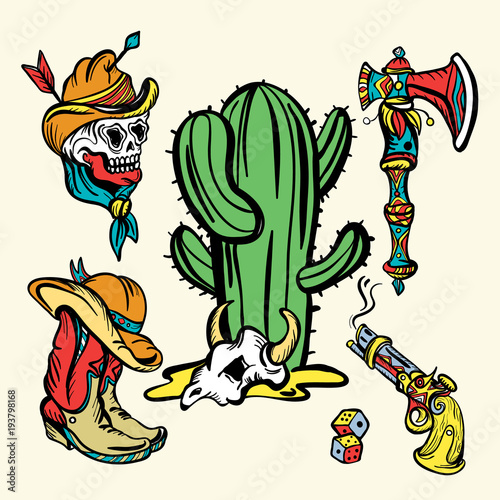 Wild west old school tattoo vector. Fashionable western set. Cowboy, cactus, guns. Classic flash tattoo style, patches and stickers set