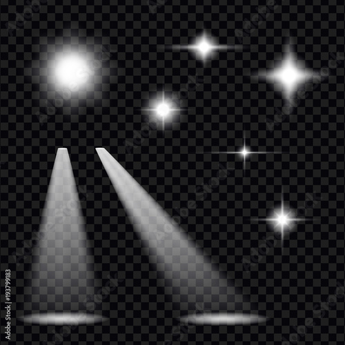 Set of light effects of stars, sun and reflectors, vector on a transparent background