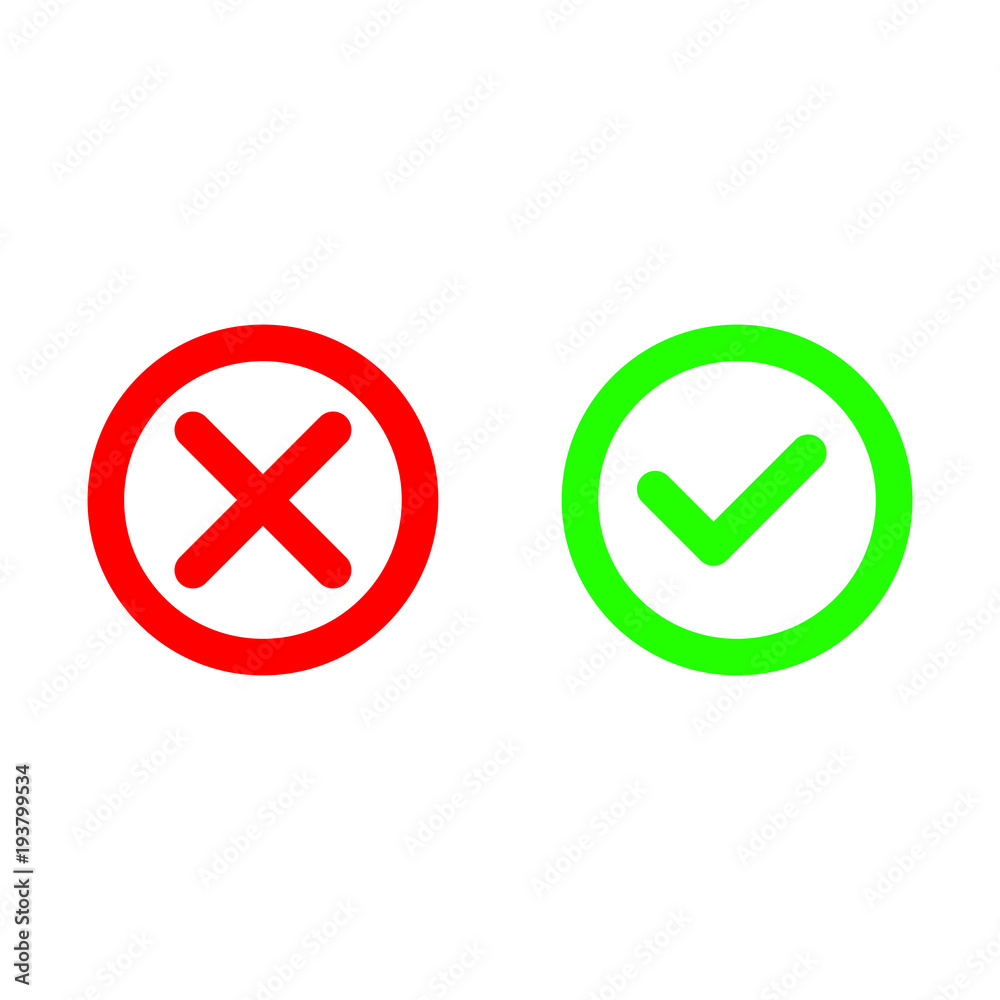 Tick and cross. Test. Choice. Voting button. Green and red check marks. Hand drawn vector signs. Tick and cross. Test. Choice. Voting button. Green and red check marks. Hand drawn vector signs.
