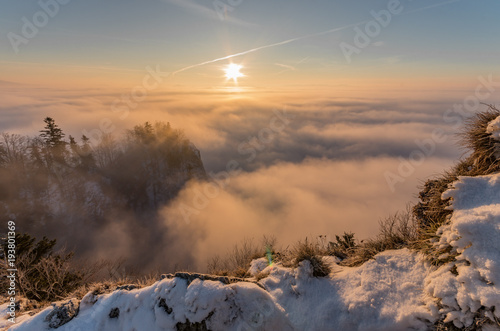 Misty mountain landscape in the morning, Poland © tomeyk