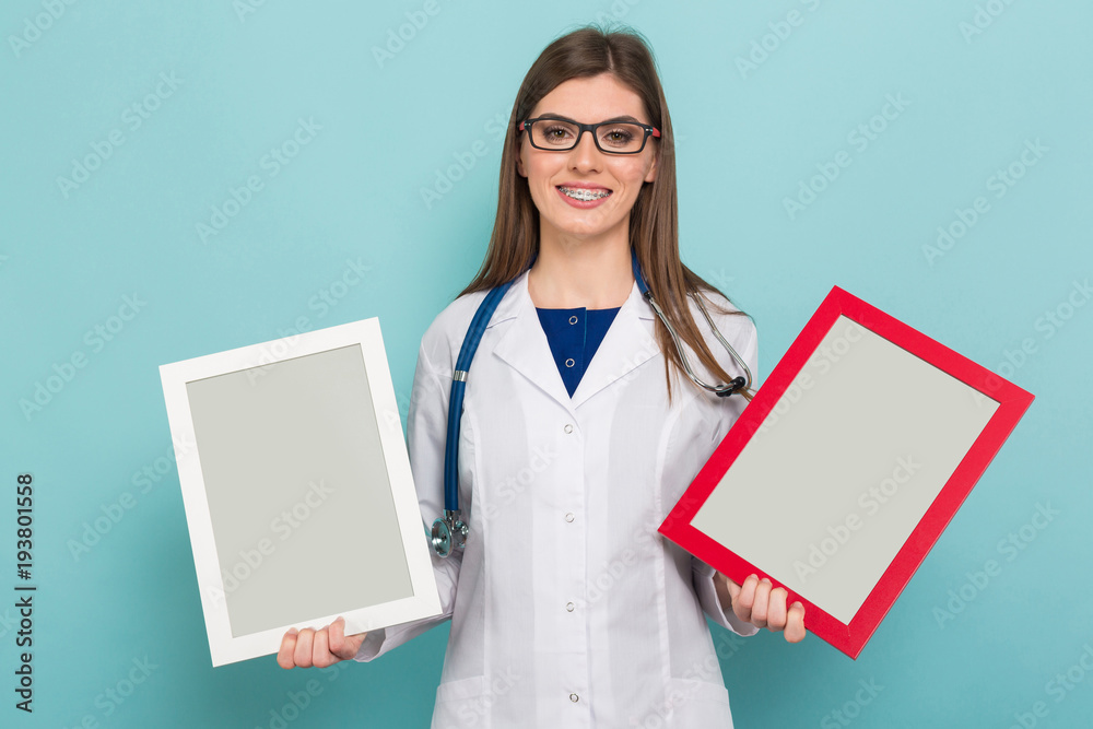Female brunette doctor in glasses with frames Female brunette doctor in glasses with frames
