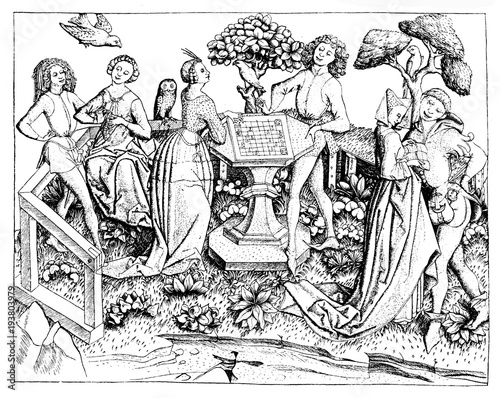 Noble company leisure time in garden courting and  playing chess, XV century engraving © acrogame