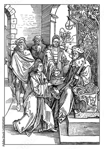 Poet and humanist scholar Conrad Celtis offers his works to Holy Roman Emperor Friedrich III, reproduction from an engraving of Albrecht Duerer year 1501