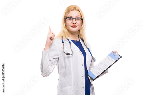 Woman doctor with stethoscope and clipboard