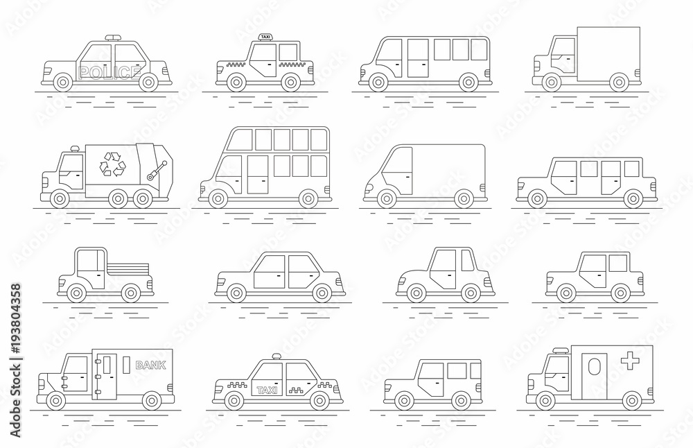  Car icons set. Linear style. Vector illustration