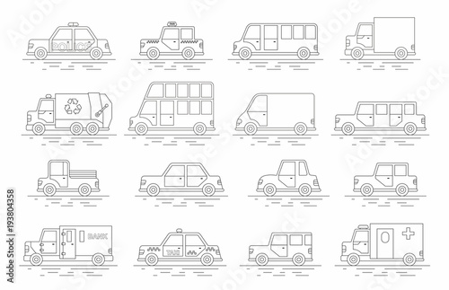 Car icons set. Linear style. Vector illustration