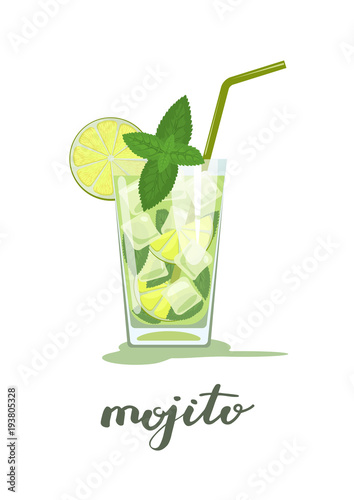 Glass of mojito cocktail with mint and straw and handwriting Mojito. Vector illustration isolated on white background