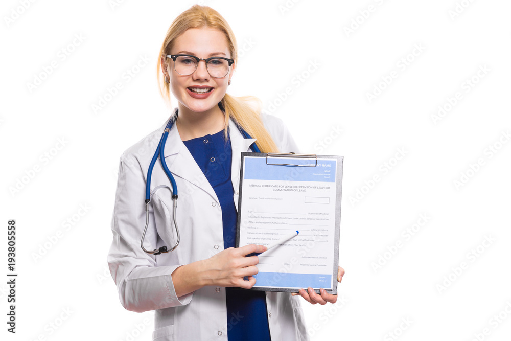 Woman doctor in white coat with clipboard Woman doctor in white coat with clipboard