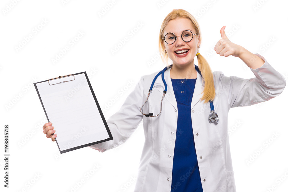 Woman doctor in white coat with clipboard Woman doctor in white coat with clipboard