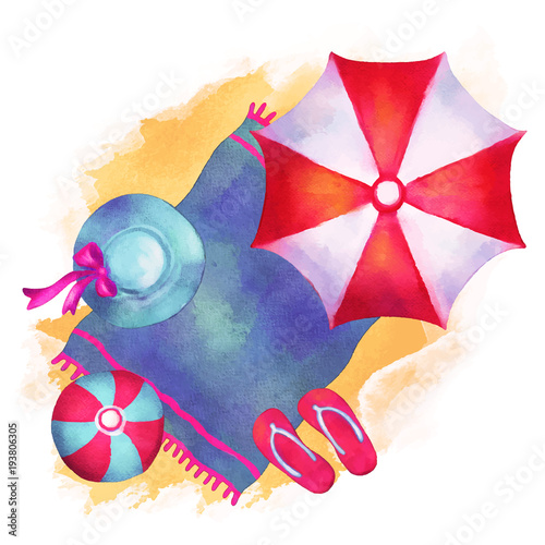 Watercolor summer beach cartoon illustration