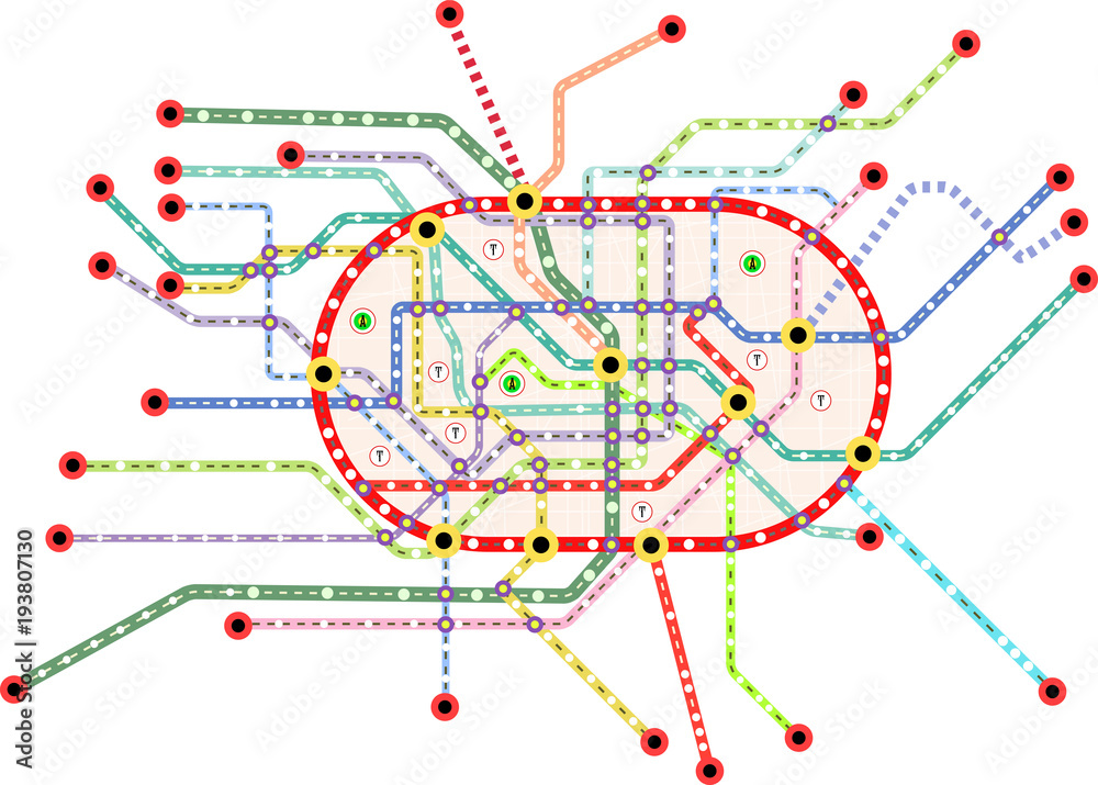 Subway public transportation map of a large city, fictional vector art,isolated on white background, free copy space