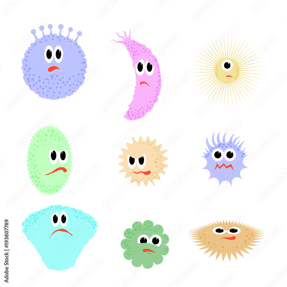 Fototapeta premium Cartoon Microbes. Pandemic Backteria. Dangerous Bad Viruses. Germs Backterial Mickroorganism. Bacterium Monsters