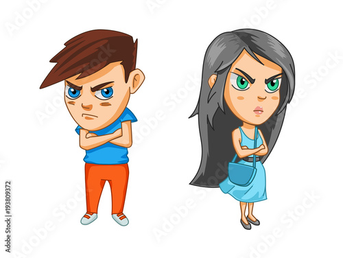 Girl and boy are offended after the quarrel, crossed their arms over their chests, cartoon stickers with emotions