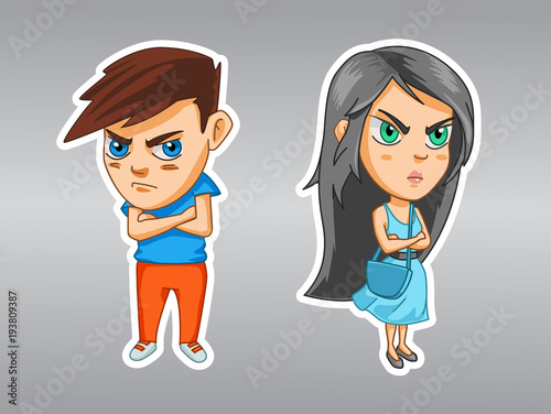 Girl and boy are offended after the quarrel, crossed their arms over their chests, cartoon stickers with emotions