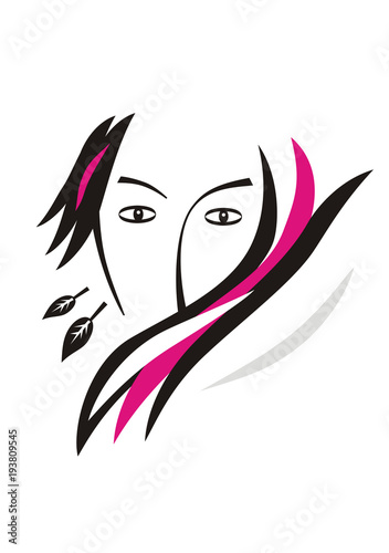 Stylized portrait of a girl in black  white and purple flowers. Romance  dream  style. Vector graphics. Logo