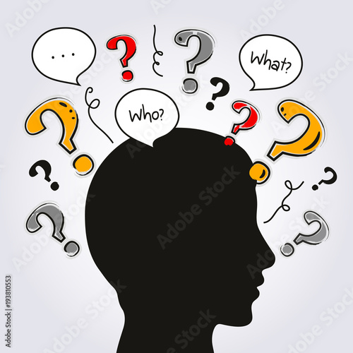 Silhouette human head with a lot of questions. Vector.
