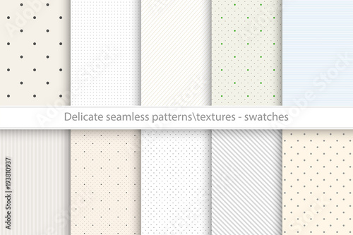Collection of vector seamless delicate patterns. Dotted, striped tileable color textures