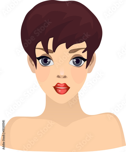 vector illustration, brunette girl with short haircut, portrait, face full face, gray eyes