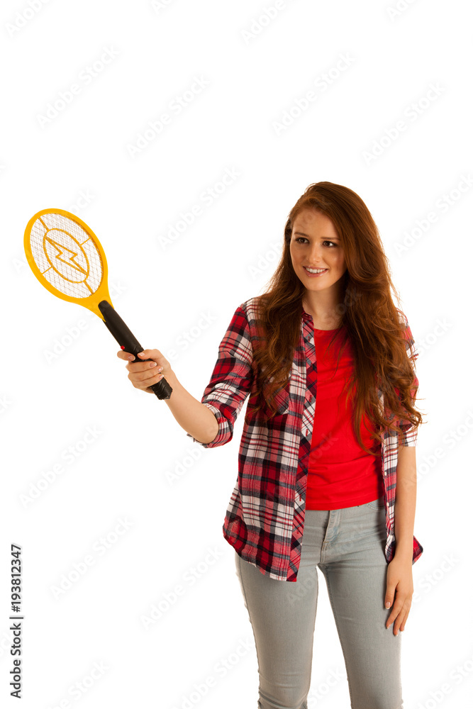 attractive Beautiful young woman holds electroc racket for kiling flys attractive Beautiful young woman holds electroc racket for kiling flys