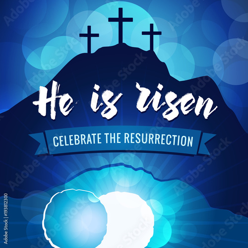 Hi is risen holy week easter navy blue banner. Easter christian motive, vector invitation to an Easter Sunday service with text He is risen on a background of rolled away from the tomb stone Calvary