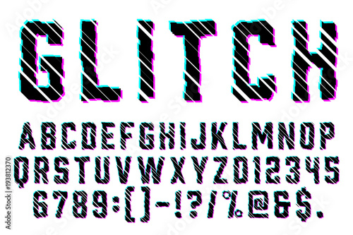 Trendy Distorted Glitch Font Typeface Letters, Numbers and Symbols Vector Illustration