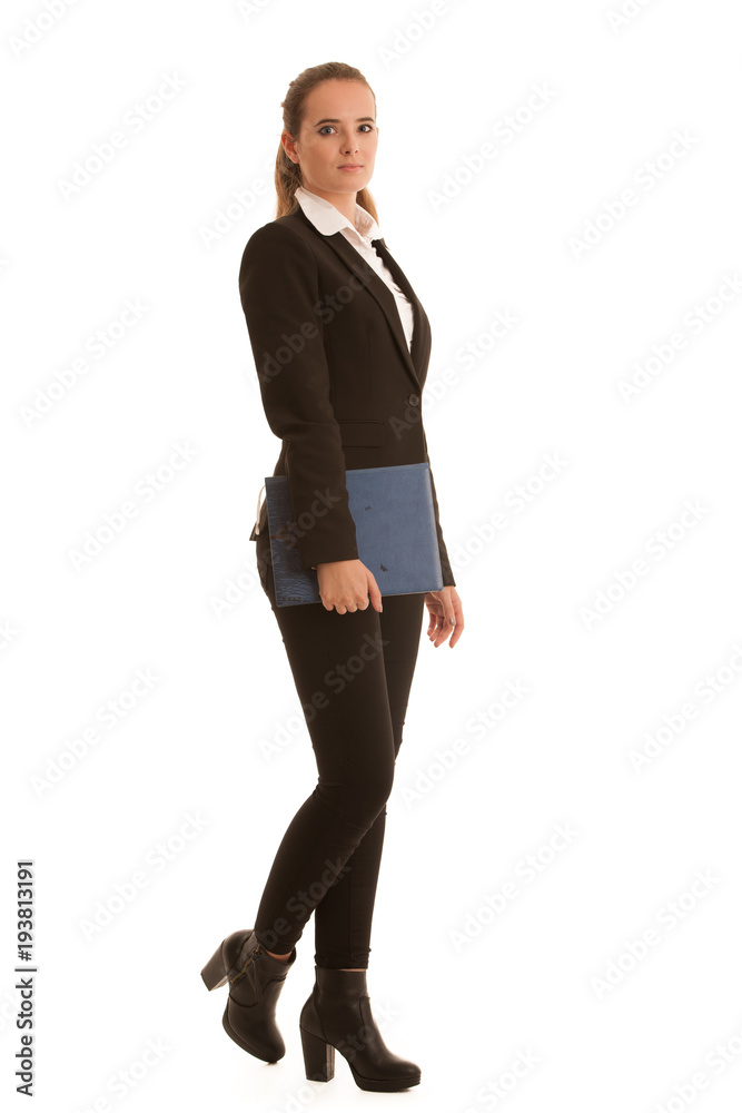 Corporate full length portrait of a preety business woman with blue folder isolated over white background Corporate full length portrait of a preety business woman with blue folder isolated over white background