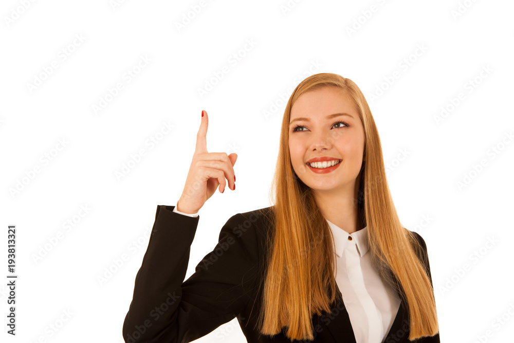 Business woman point in copy space isolated over white background - business presentation or advertisement Business woman point in copy space isolated over white background - business presentation or advertisement