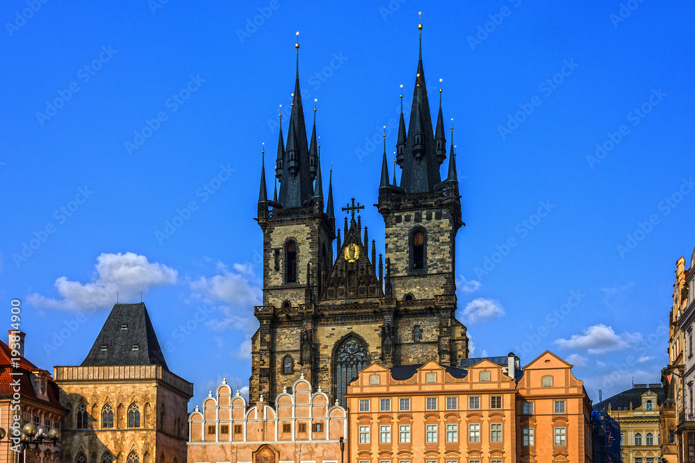Prague city view, Czech Republic. Old Town, Staromestska square, Church of our Lady Tyn