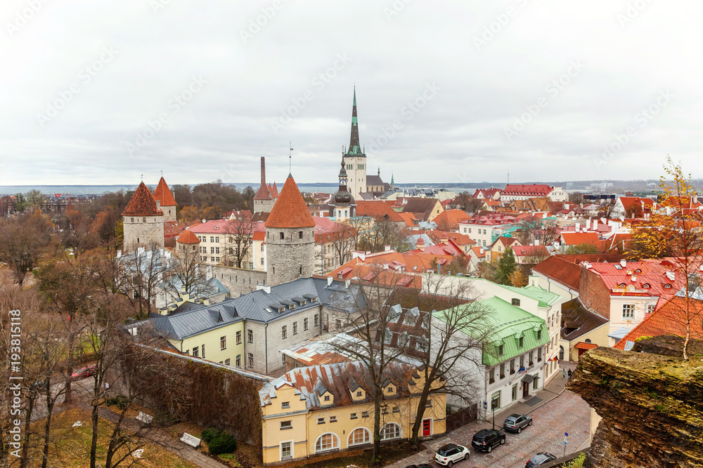 Fototapeta premium Aerial view on the old town with main central steet in Tallinn, Estonia