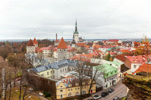 Aerial view on the old town with main central steet in Tallinn, Estonia