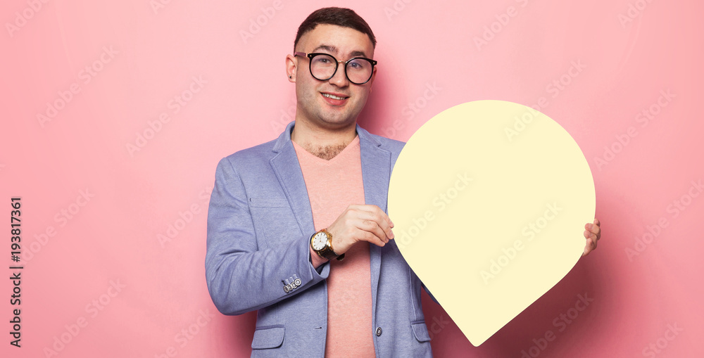 Handsome man in bright jacket with speech bubble Handsome man in bright jacket with speech bubble