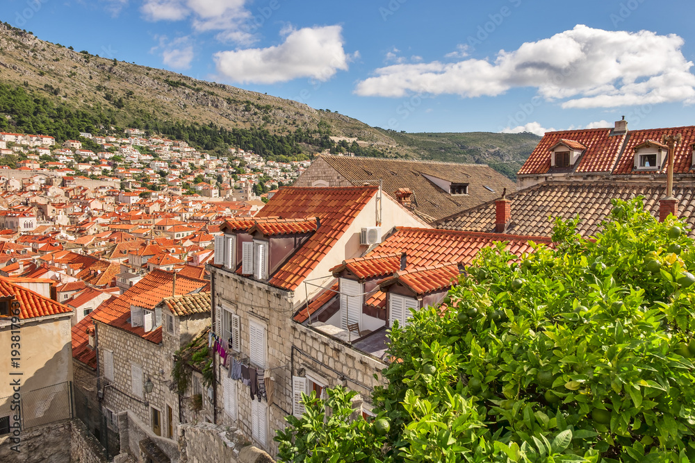 Dubrovnik old city street view. Red roofs. Croatia 