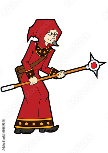 Fantasy battle mage with a staff/ Illustration cartoon wizard man with a magic staff
