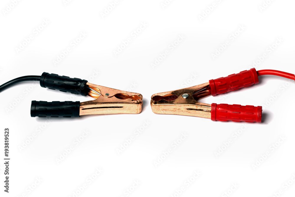 battery jumper cables opposite each other, on white background, red and