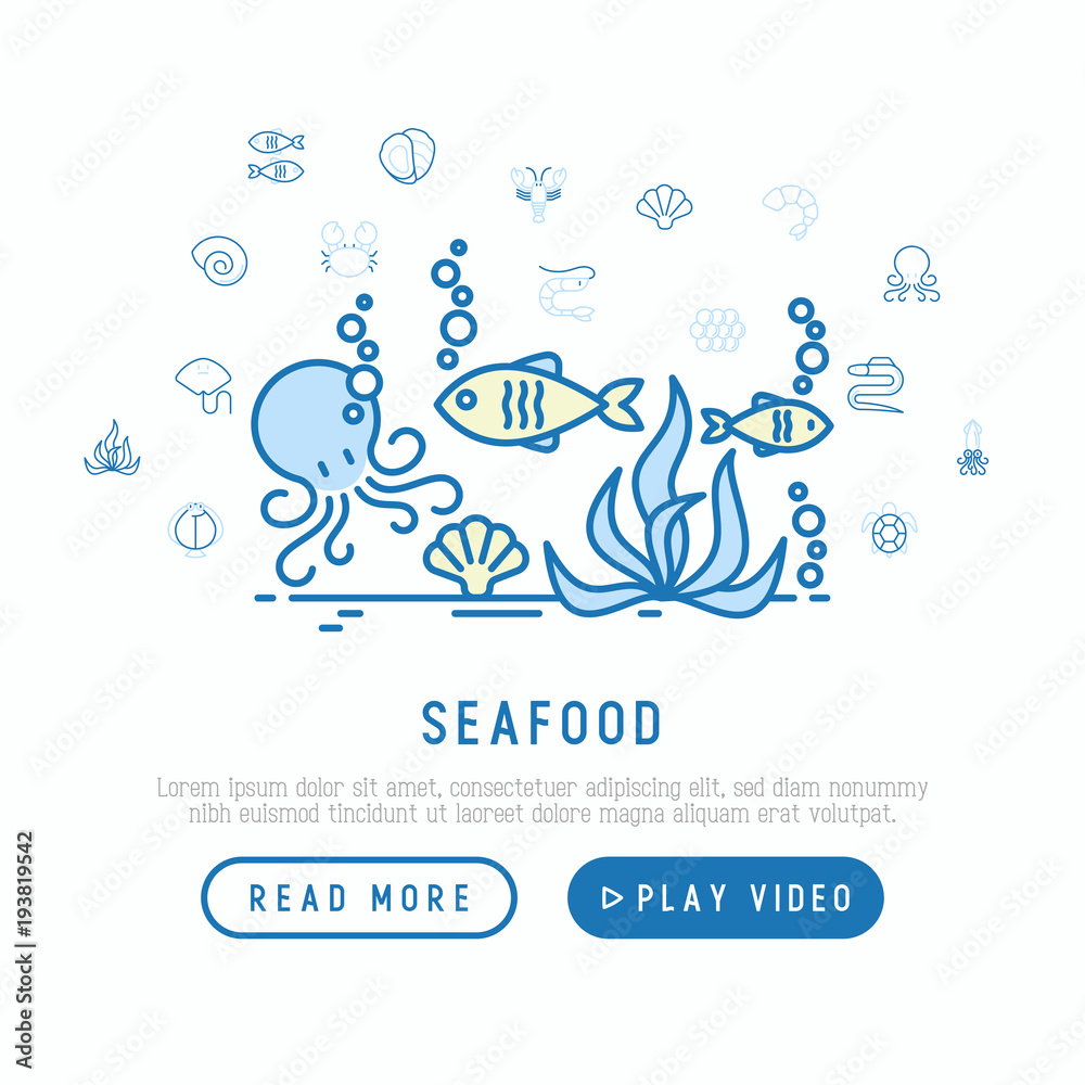 Seafood concept with thin line icons: lobster, fish, shrimp, octopus, oyster, eel, seaweed, crab, ramp, turtle. Modern vector illustration for restaurant menu or web page.