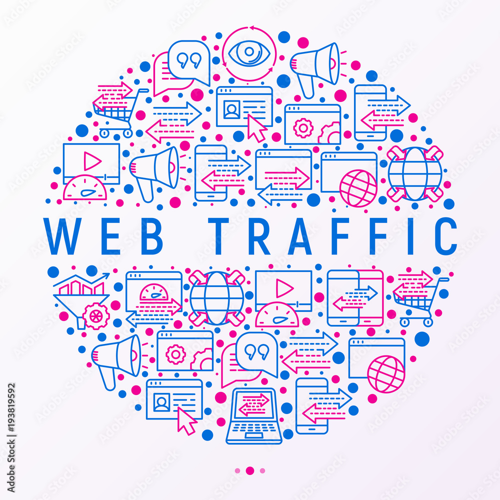 Web traffic concept in circle with thin line icons: SEO technology, data exchange, sync, click, mobile backup, traffic speed, sales growth. Modern vector illustration for print media, web page.