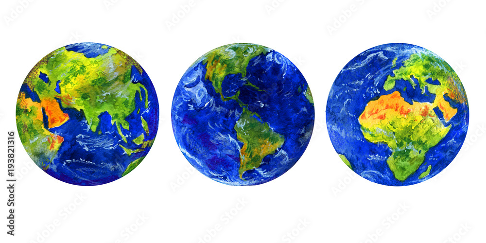 Earth planet three different view hand drawn watercolor illustration Earth planet three different view hand drawn watercolor illustration