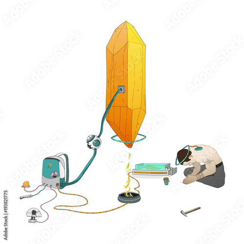 Man meditating with a magic crystal vector illustration